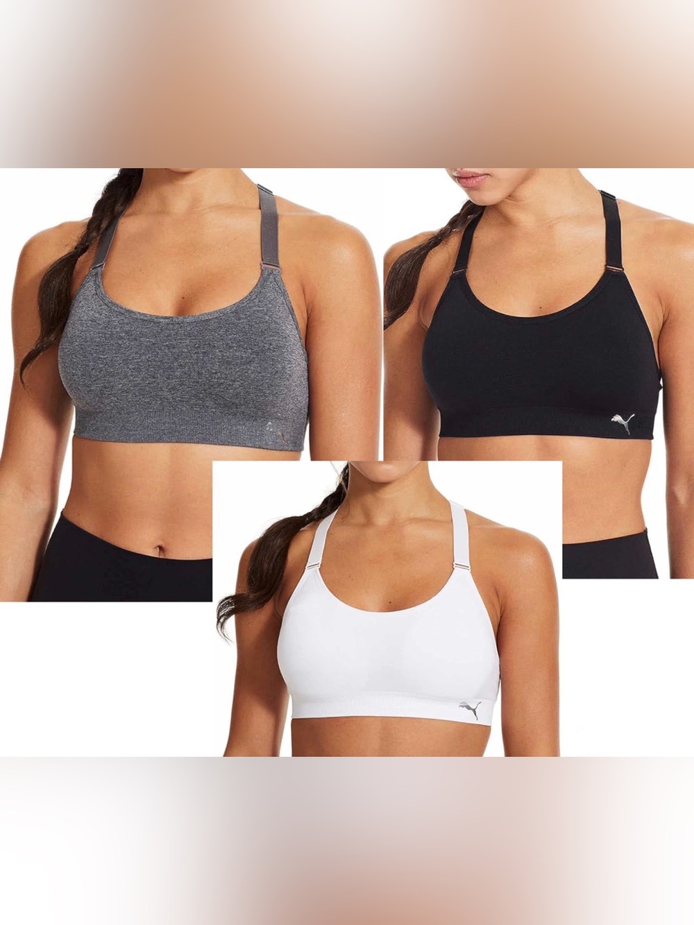 PUMA Women Sports Bra, 3-Pack (Black/White/Grey) size XL, New without box
